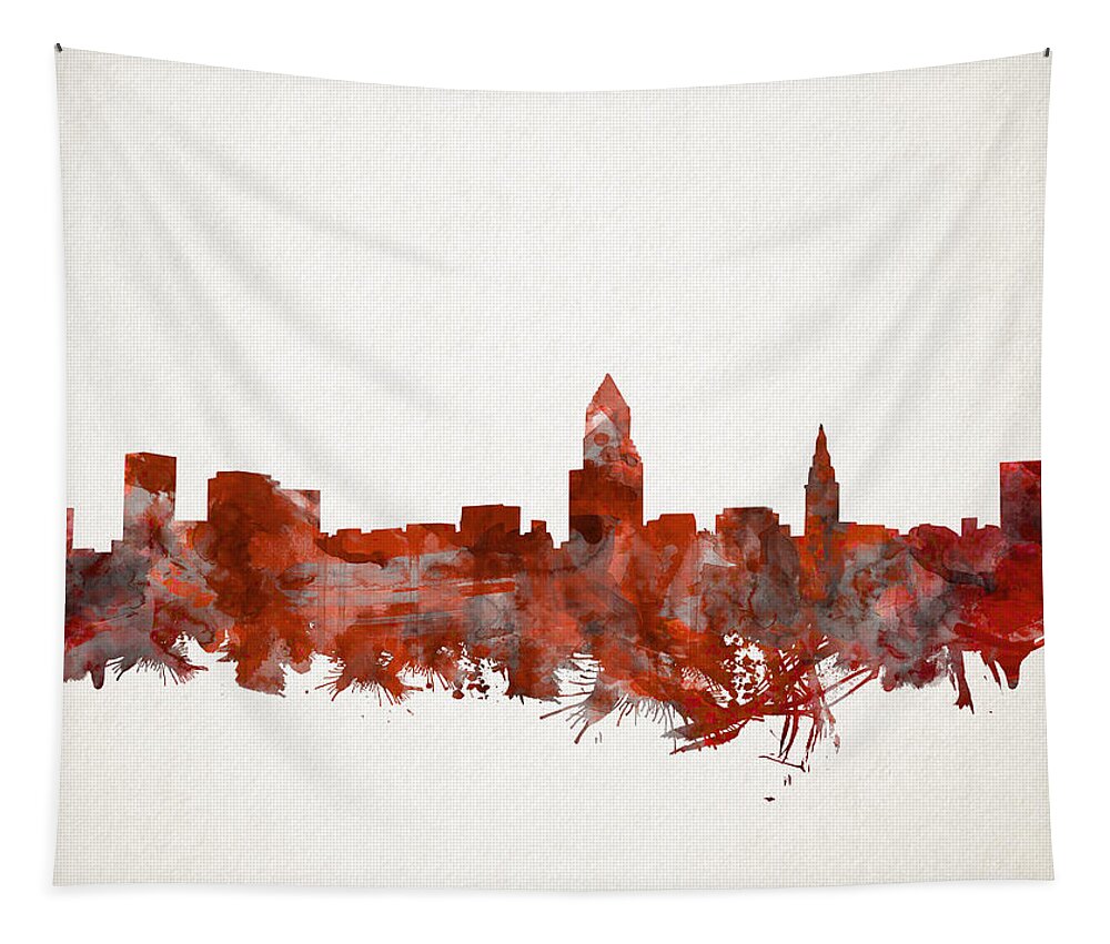 Cleveland Skyline Tapestry featuring the painting Cleveland Skyline Watercolor Red by Bekim M