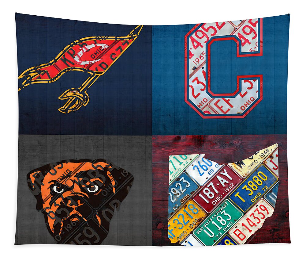 Cleveland Tapestry featuring the mixed media Cleveland Sports Fan Recycled Vintage Ohio License Plate Art Cavaliers Indians Browns and State Map by Design Turnpike