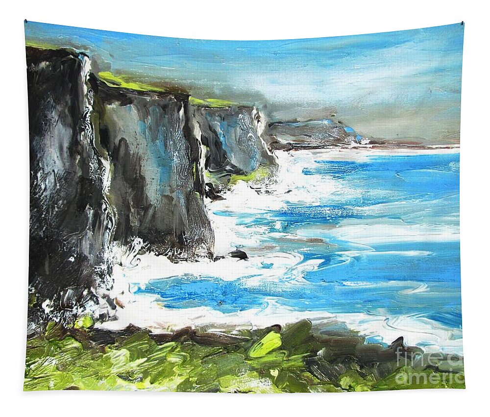 Cliffs Tapestry featuring the painting Painting of Cliffs of moher county clare ireland by Mary Cahalan Lee - aka PIXI