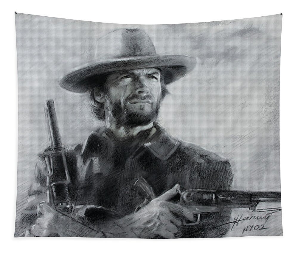 Clint Eastwood Tapestry featuring the drawing Clint Eastwood by Viola El