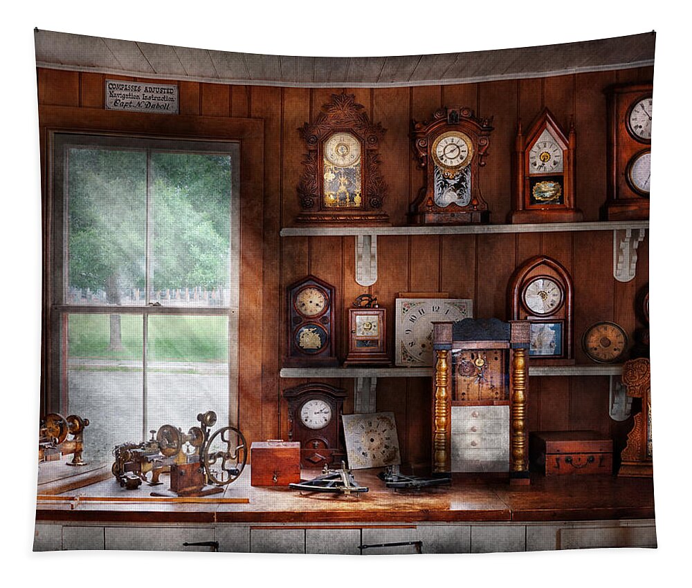 Clockmaker Tapestry featuring the photograph Clocksmith - In the Clock Repair Shop by Mike Savad