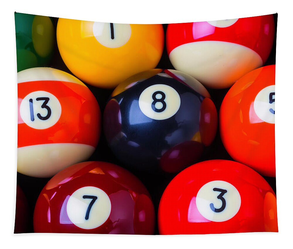 Pool Tapestry featuring the photograph Close Up Poolballs by Garry Gay