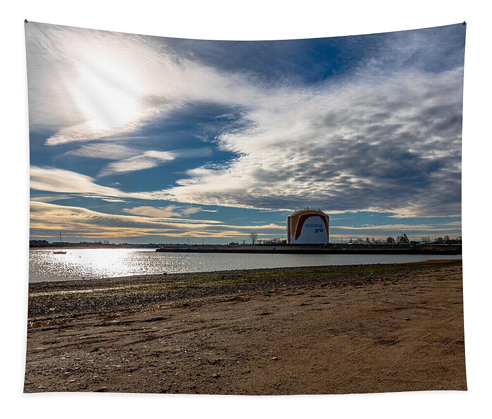 Rainbow Swash Tapestry featuring the photograph Clouds over the Rainbow Swash Gas Tank in Boston Massachusetts by Brian MacLean