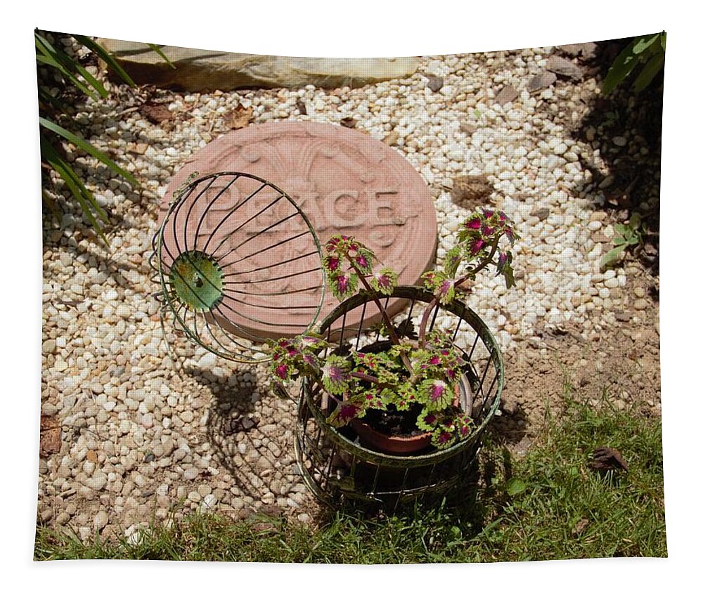 Coleus Tapestry featuring the photograph Coleus in Vintage Birdcage with Peace by Allen Nice-Webb