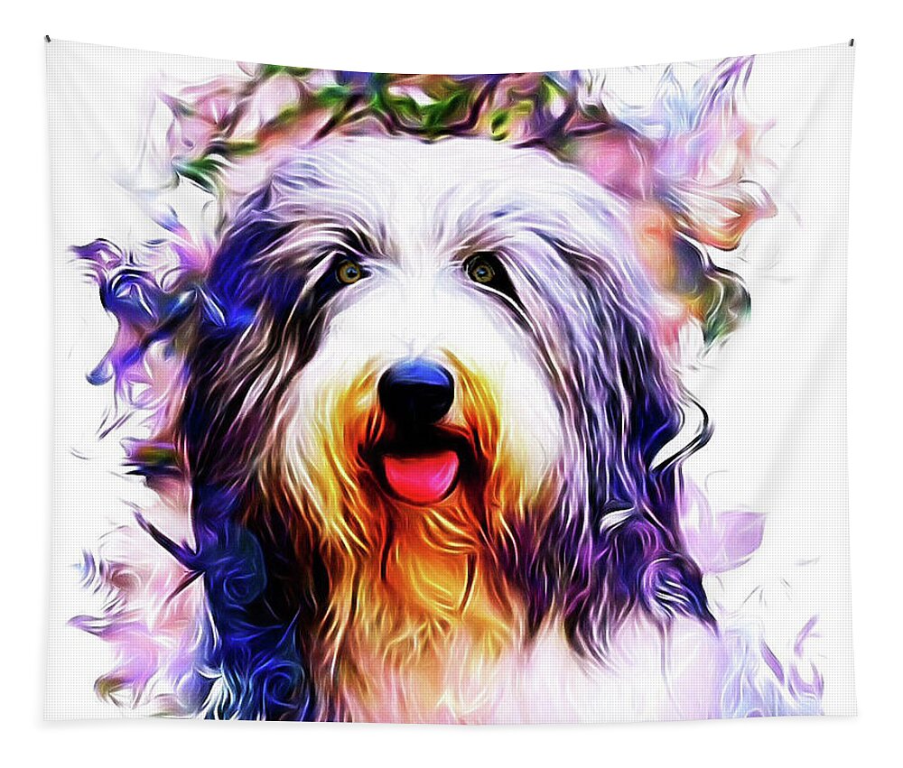 Bearded Collie Tapestry featuring the digital art Colorful Bearded Collie by Kathy Kelly