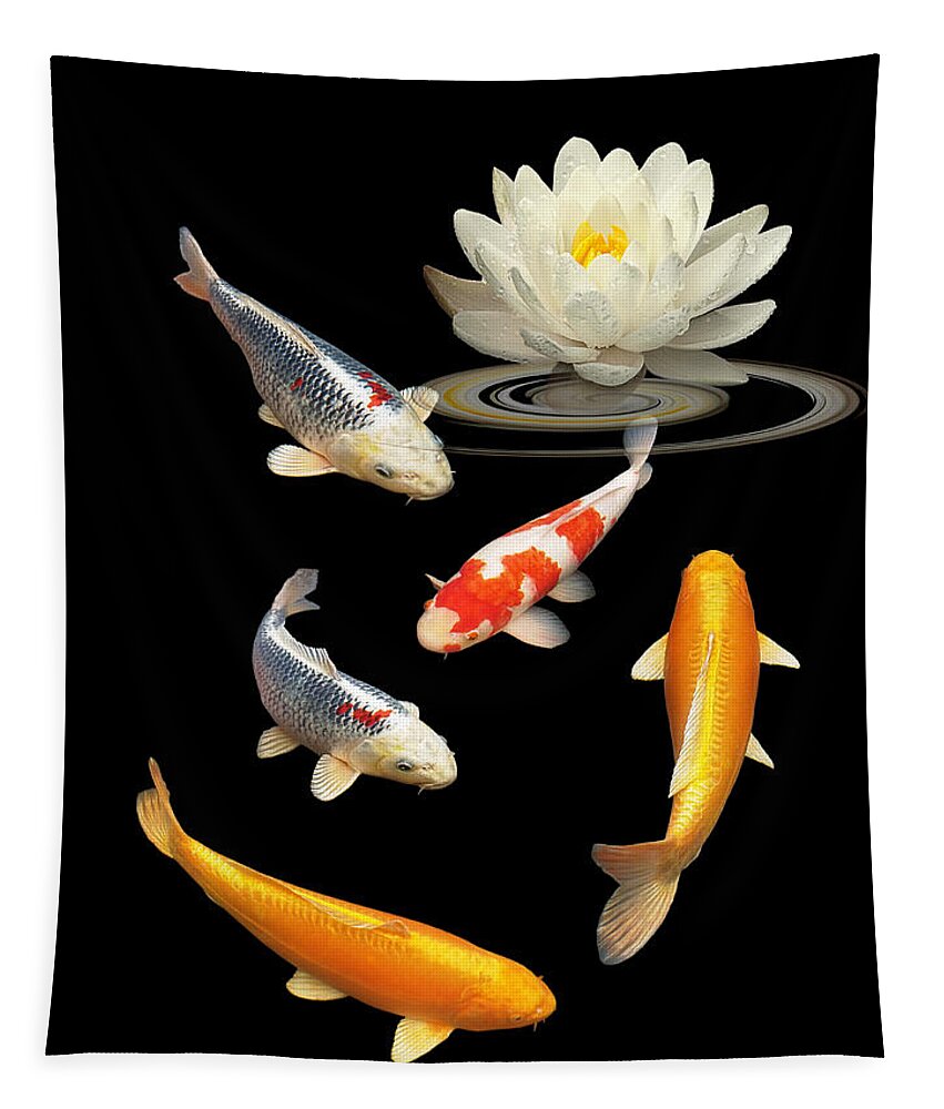 Fish Tapestry featuring the photograph Colorful Koi With Water Lily by Gill Billington