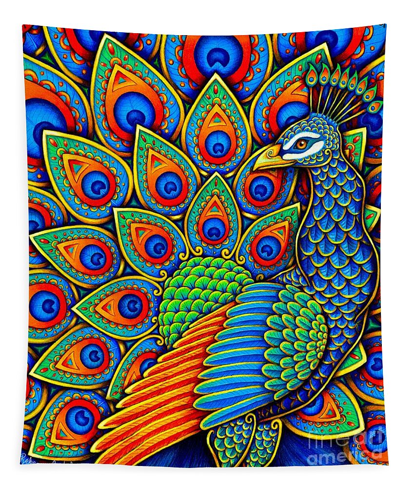 Peacock Tapestry featuring the drawing Colorful Paisley Peacock by Rebecca Wang