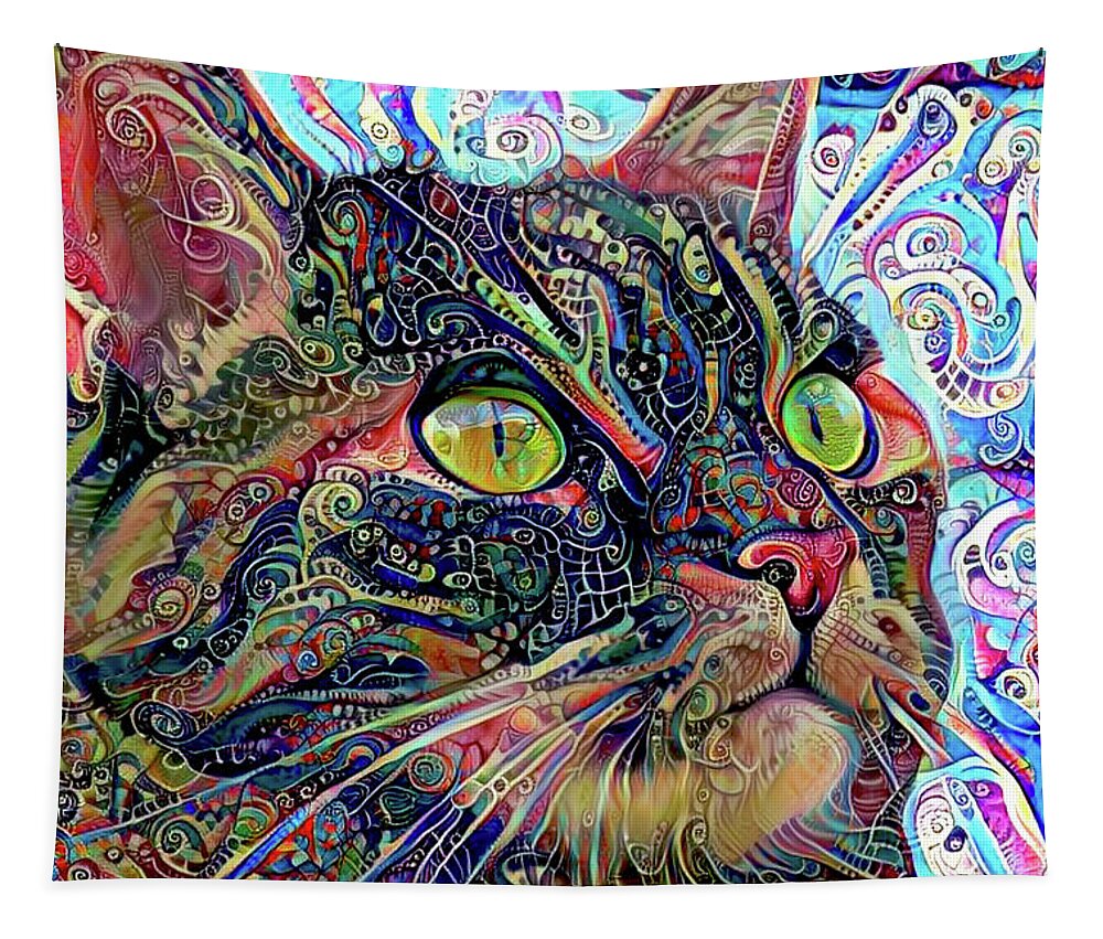 Psychedelic Cat Tapestry featuring the digital art Colorful Psychedelic Cat Art by Peggy Collins