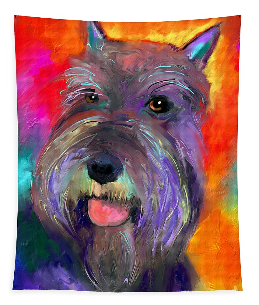 Schnauzer Dog Tapestry featuring the painting Colorful Schnauzer dog portrait print by Svetlana Novikova