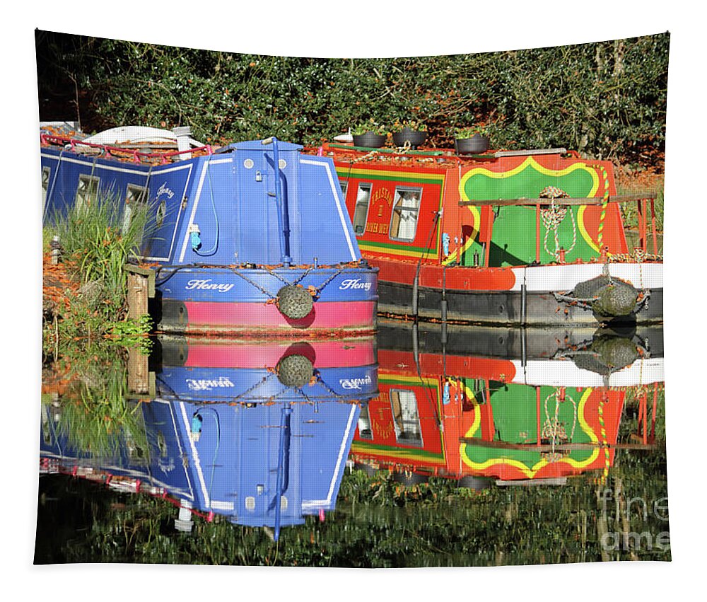 Colourful Canal Boats Barge Wey Canal Surrey Reflections Tapestry featuring the photograph Colourful Canal Boats by Julia Gavin