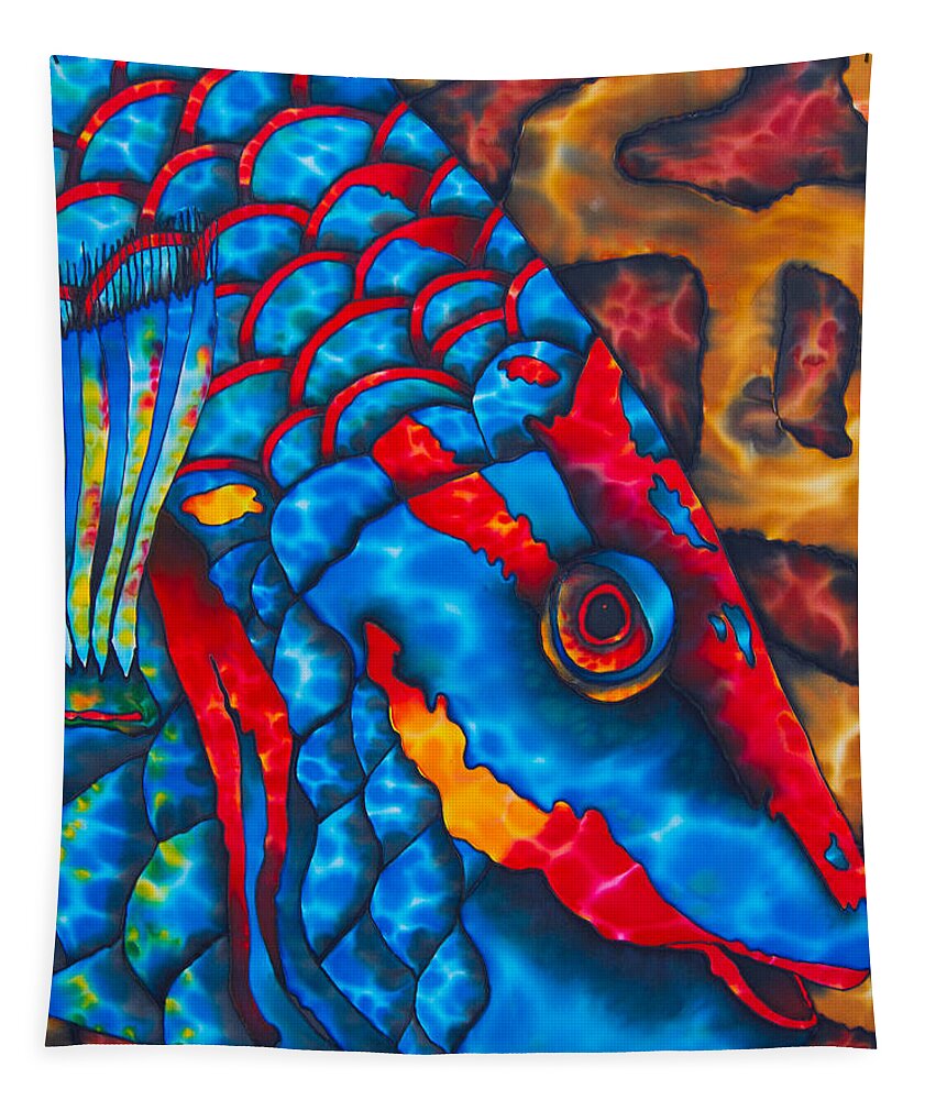 Diving Tapestry featuring the painting Colourful Parrotfish - Brain Coral by Daniel Jean-Baptiste