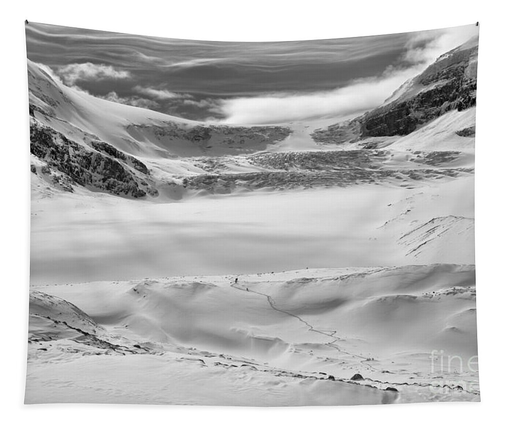 Columbia Ice Field Tapestry featuring the photograph Columbia Icefield Winter Wonderland Black And White by Adam Jewell