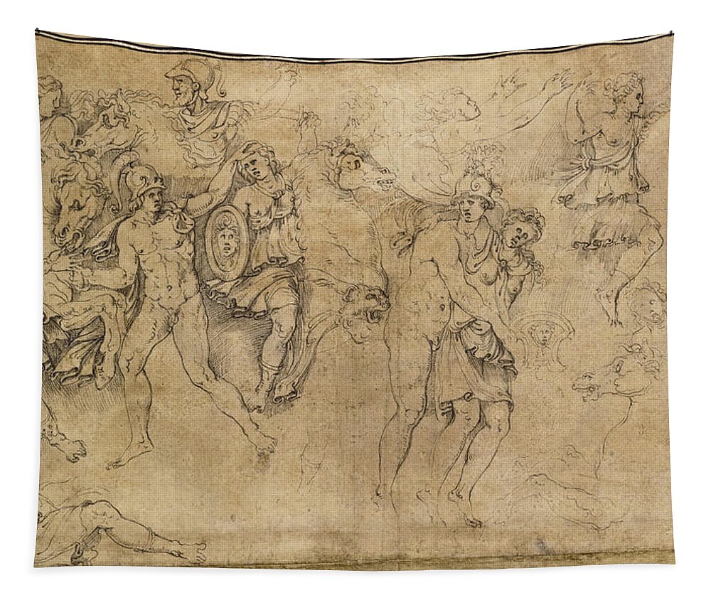 Girolamo Da Carpi Tapestry featuring the drawing Combat of Greeks and Amazons with Achilles and Penthesilea by Girolamo da Carpi