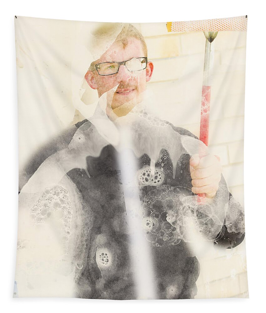 Housework Tapestry featuring the photograph Comical cleaning man by Jorgo Photography