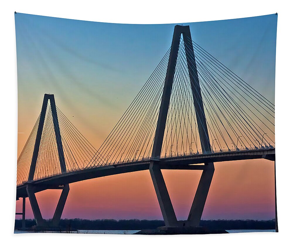 Sunset Colors Tapestry featuring the photograph Cooper River Bridge Sunset by Suzanne Stout