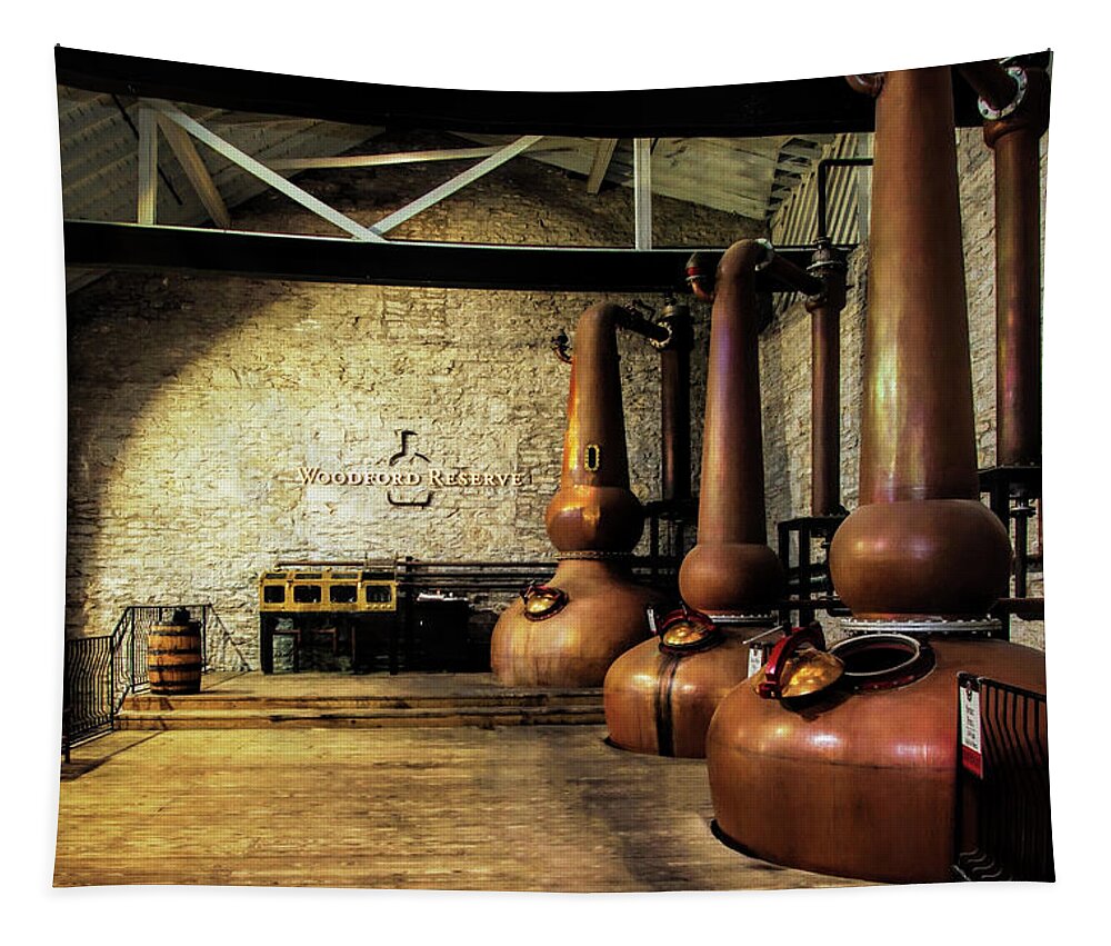 Woodford Reserve Bourbon Stills Tapestry featuring the photograph Copper Still House by Karen Varnas