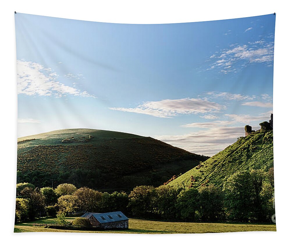 Corfe Castle Tapestry featuring the photograph Corfe Castle morning panoramic by Simon Bratt