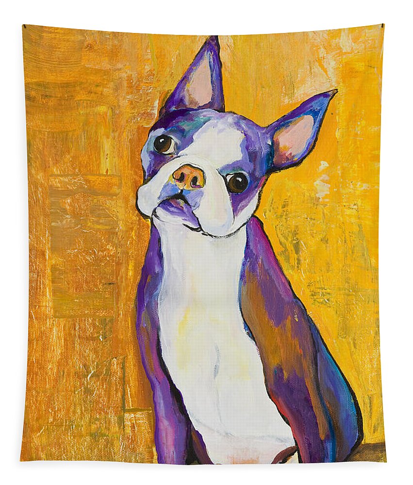 Boston Terrier Animals Acrylic Dog Portraits Pet Portraits Animal Portraits Pat Saunders-white Tapestry featuring the painting Cosmo by Pat Saunders-White