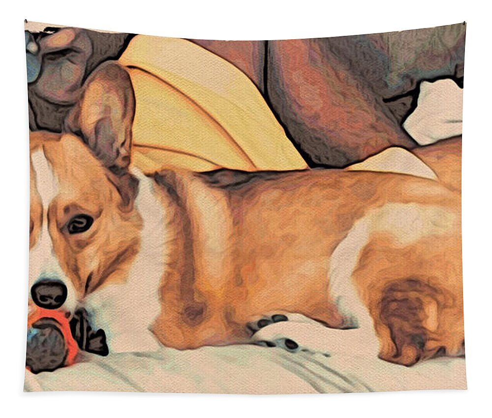 Pembroke Welsh Corgi Tapestry featuring the digital art Couch Corgi Chewing a Ball by Kathy Kelly
