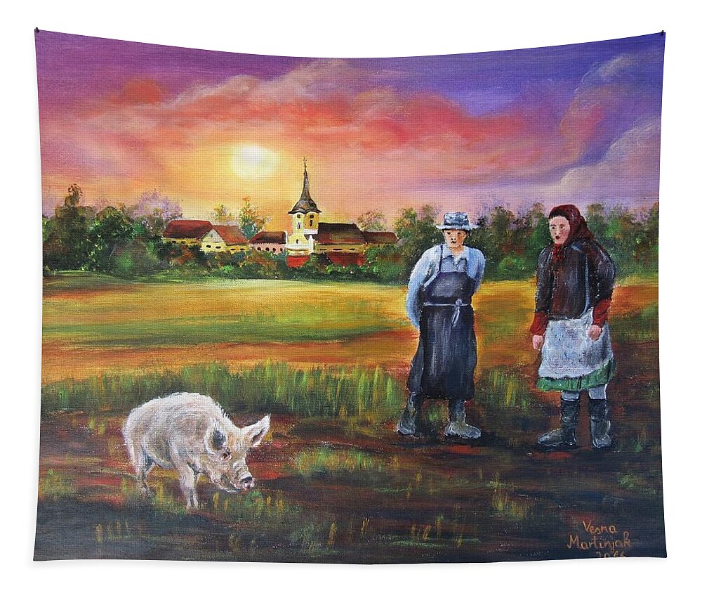 Landscape Tapestry featuring the painting Country life by Vesna Martinjak