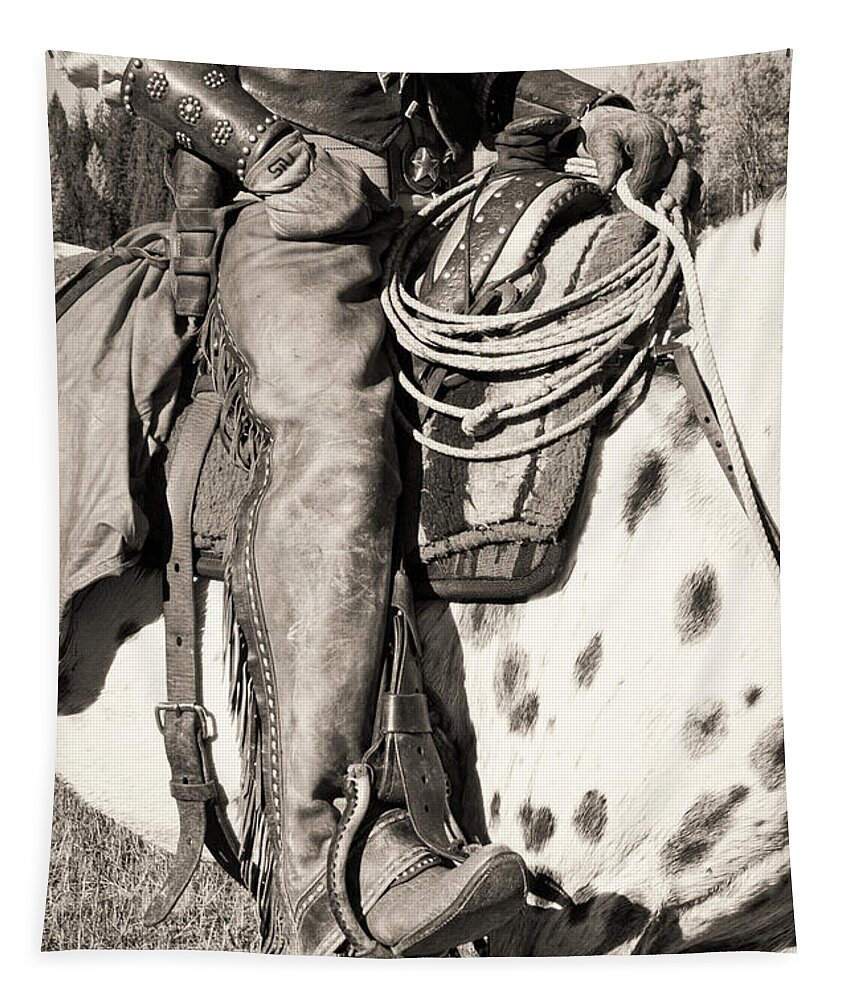 Animal Tapestry featuring the photograph Cowboy on His Mount bw by Jerry Fornarotto