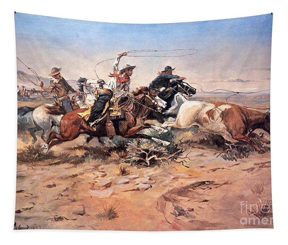 Cowboys Tapestry featuring the painting Cowboys roping a steer by Charles Marion Russell