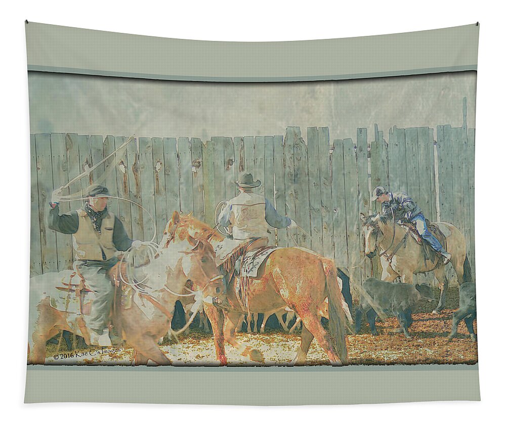 Cowboys Tapestry featuring the mixed media Cowboys Working Spring Calves by Kae Cheatham