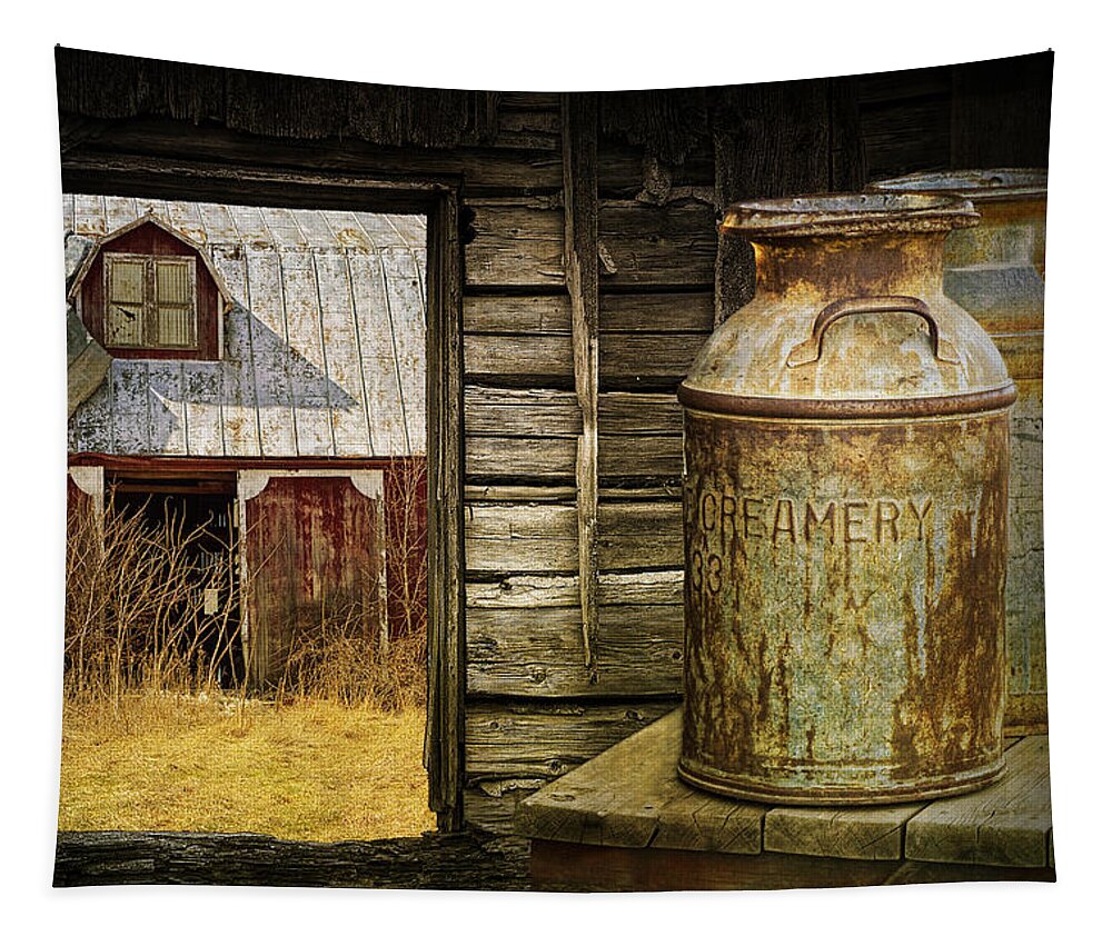 Art & Collectibles Tapestry featuring the photograph Creamery Milk Cans with Window View of an Old Red Barn by Randall Nyhof