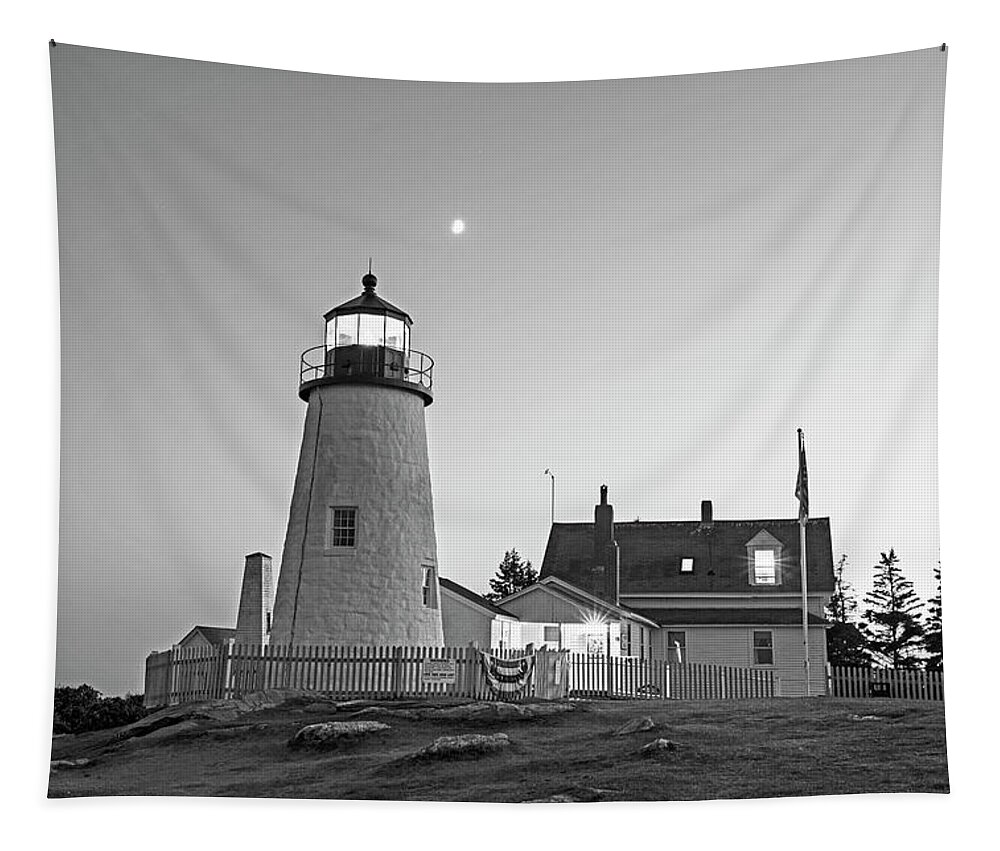 Pemaquid Tapestry featuring the photograph Crescent Moon over the Pemaquid Point Lighthouse Pemaquid ME Black and White by Toby McGuire