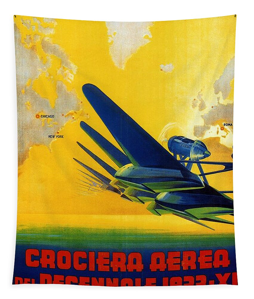 Old Cruise Tapestry featuring the mixed media Crociera Aerea Del Decennale 1933 - Airplane - Retro travel Poster - Vintage Poster by Studio Grafiikka
