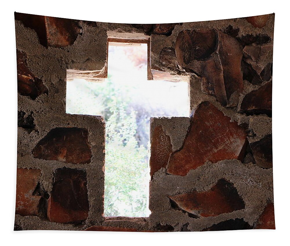 Cross Tapestry featuring the photograph Cross Shaped Window in Chapel by Colleen Cornelius