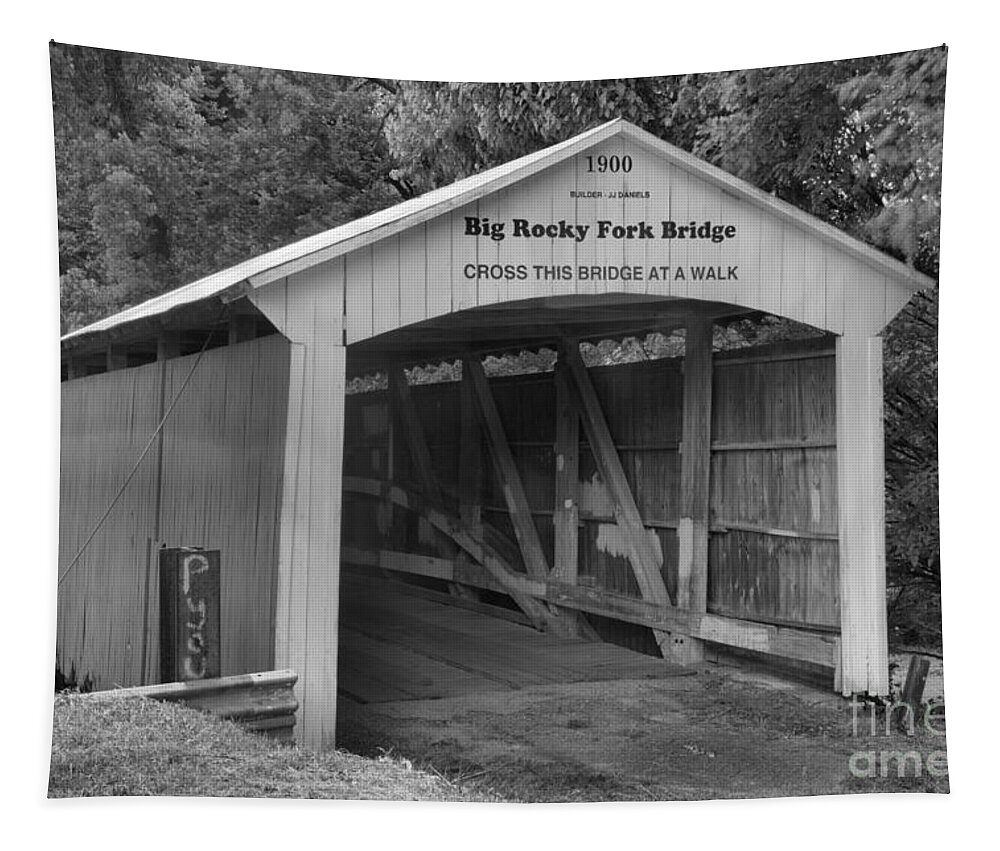 Big Rocky Fork Covered Bridge Tapestry featuring the photograph Crossing Big Rocky Fork Creek Black And White by Adam Jewell
