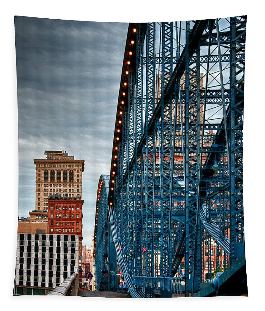 Smithfield Street Bridge Tapestry featuring the photograph Crossing the Smithfield Street Bridge - Pittsburgh - Color by Mitch Spence