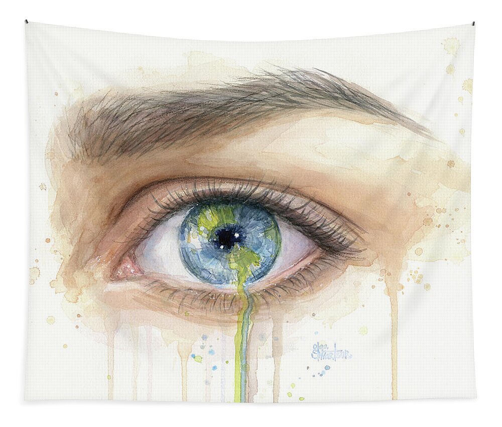 Crying Tapestry featuring the painting Earth in the Eye Crying Planet by Olga Shvartsur