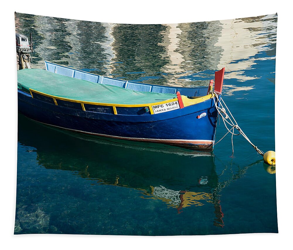 Georgia Mizuleva Tapestry featuring the photograph Crystal Clear Mediterranean Blue - Maltese Luzzu Fishing Boat at Anchor by Georgia Mizuleva