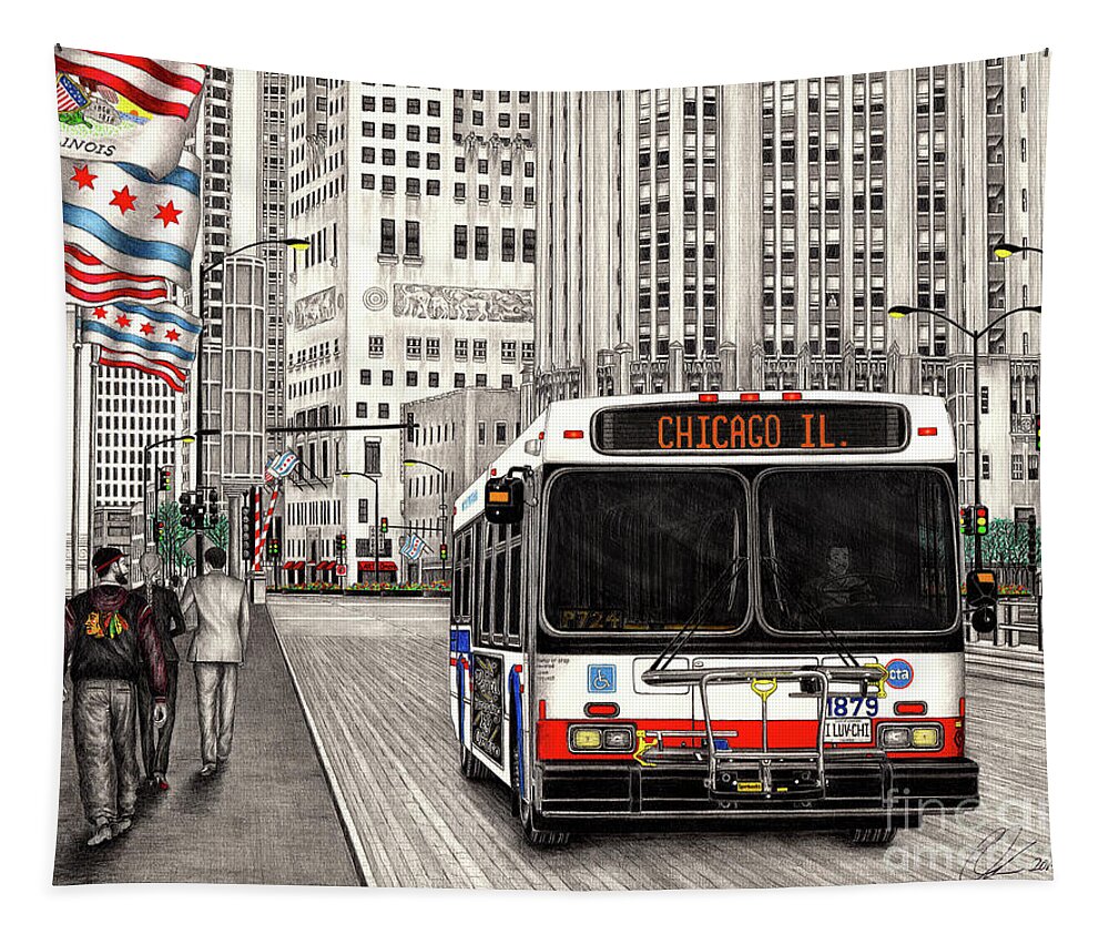 Cta Tapestry featuring the drawing CTA bus on Michigan Avenue by Omoro Rahim