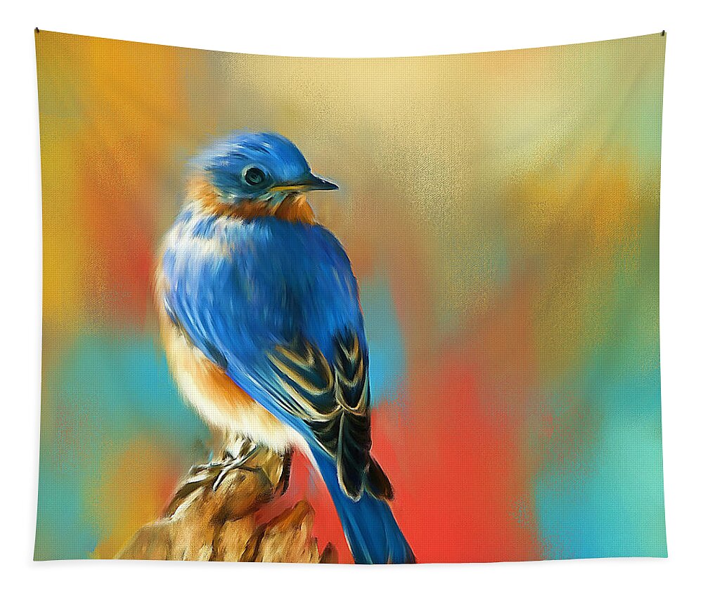 Bluebird Tapestry featuring the painting Curious Bluebird by Tina LeCour