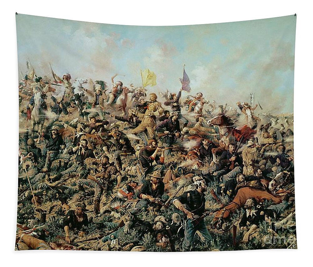 Battle Of Little Bighorn; Battlefield; Soldiers; Troops; Native American Indians; Tribe; Flags; Banners; War; Warfare; American Indian Wars; Big Horn; Paxon; Demise; Defeat Tapestry featuring the painting Custer's Last Stand by Edgar Samuel Paxson