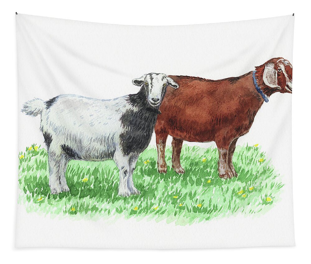Goat Tapestry featuring the painting Cute And Curious Goats Watercolor by Irina Sztukowski