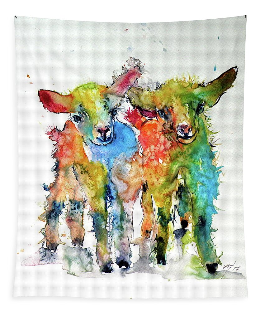 Cute Tapestry featuring the painting Cute baby goats by Kovacs Anna Brigitta