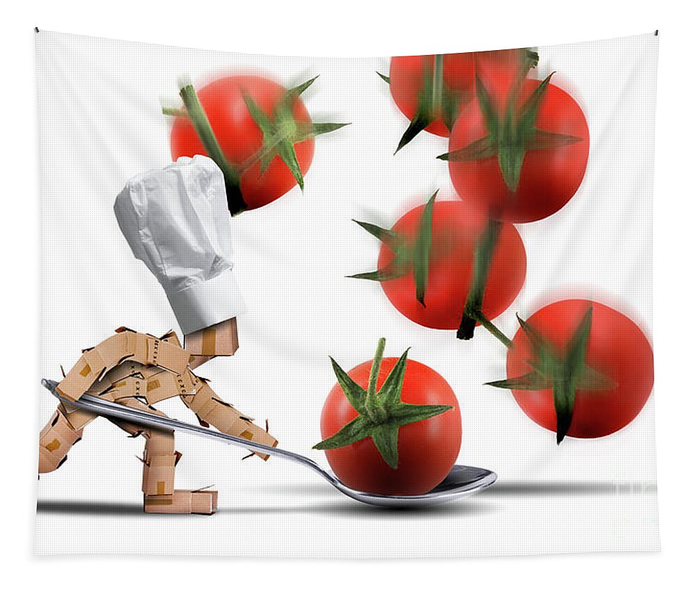 Kitchen Tapestry featuring the digital art Cute chef box character catching tomatoes by Simon Bratt
