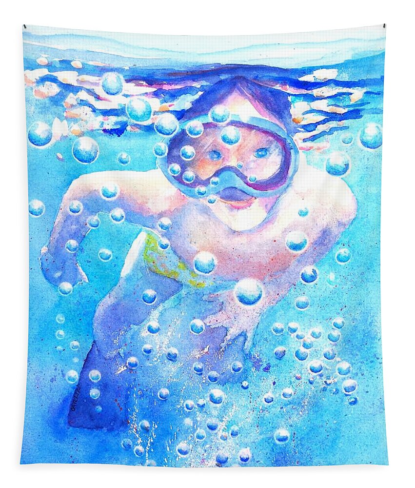 Swimming Tapestry featuring the painting Cute Child Snorkeling Underwater by Carlin Blahnik CarlinArtWatercolor