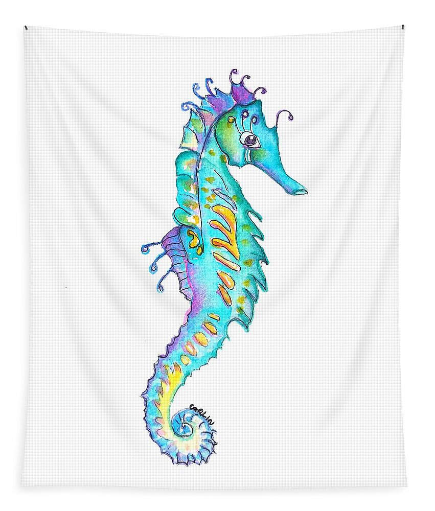 Seahorse Tapestry featuring the painting Cute Colorful Seahorse by Carlin Blahnik CarlinArtWatercolor