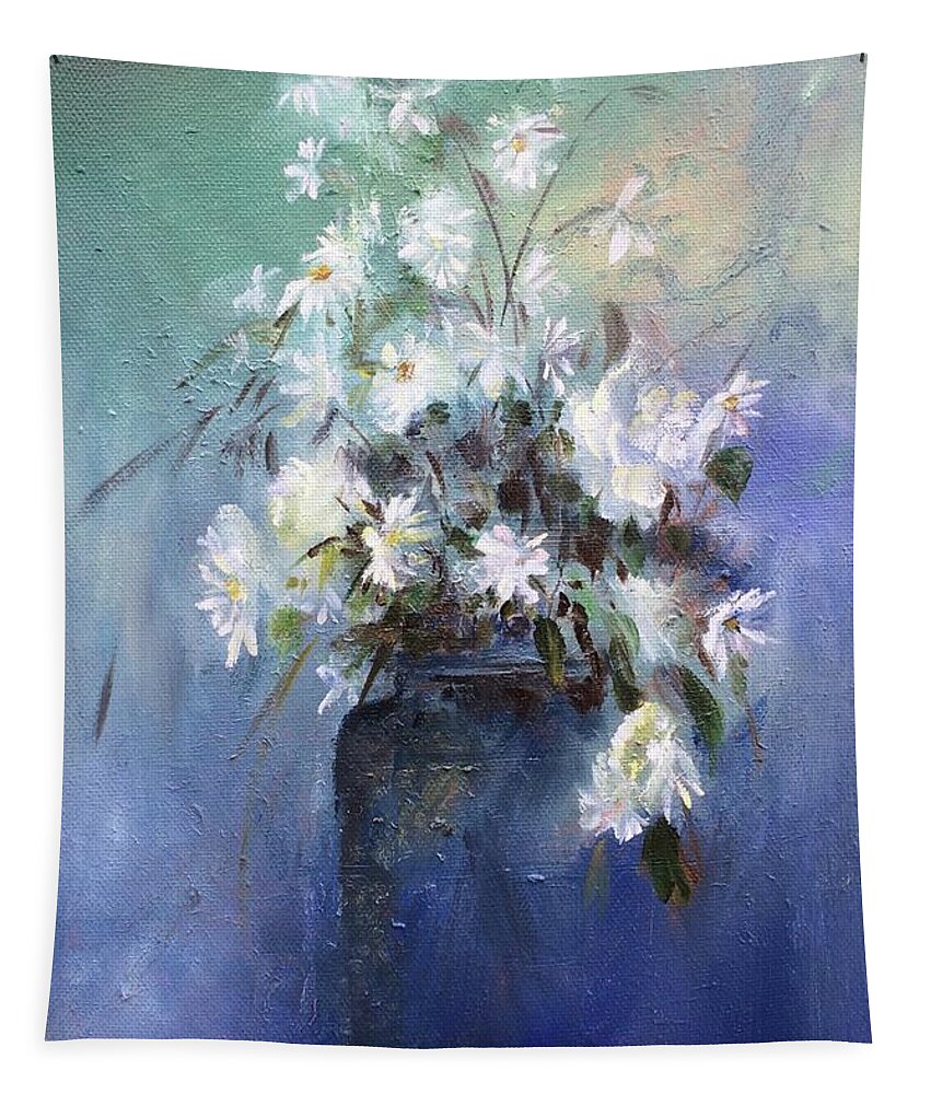 Daisies Tapestry featuring the painting Serenity Daisies in a Vase 2018 by Lizzy Forrester