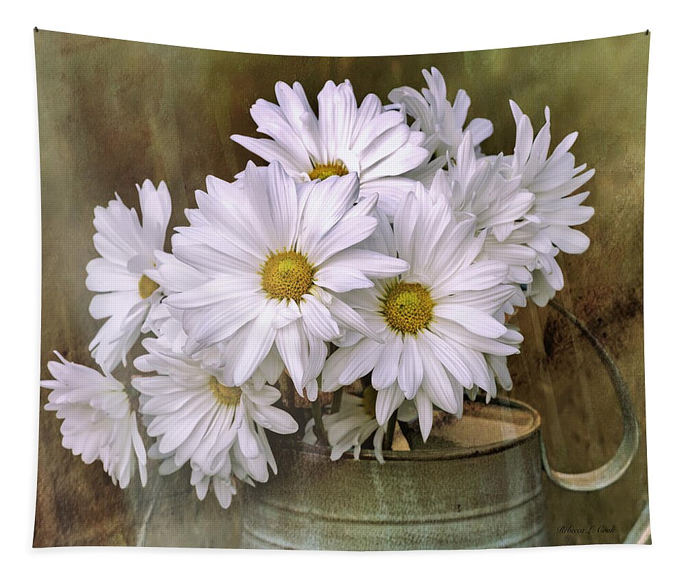 Daisies In Antique Watering Can Tapestry featuring the photograph Daisies in Antique Watering Can by Bellesouth Studio