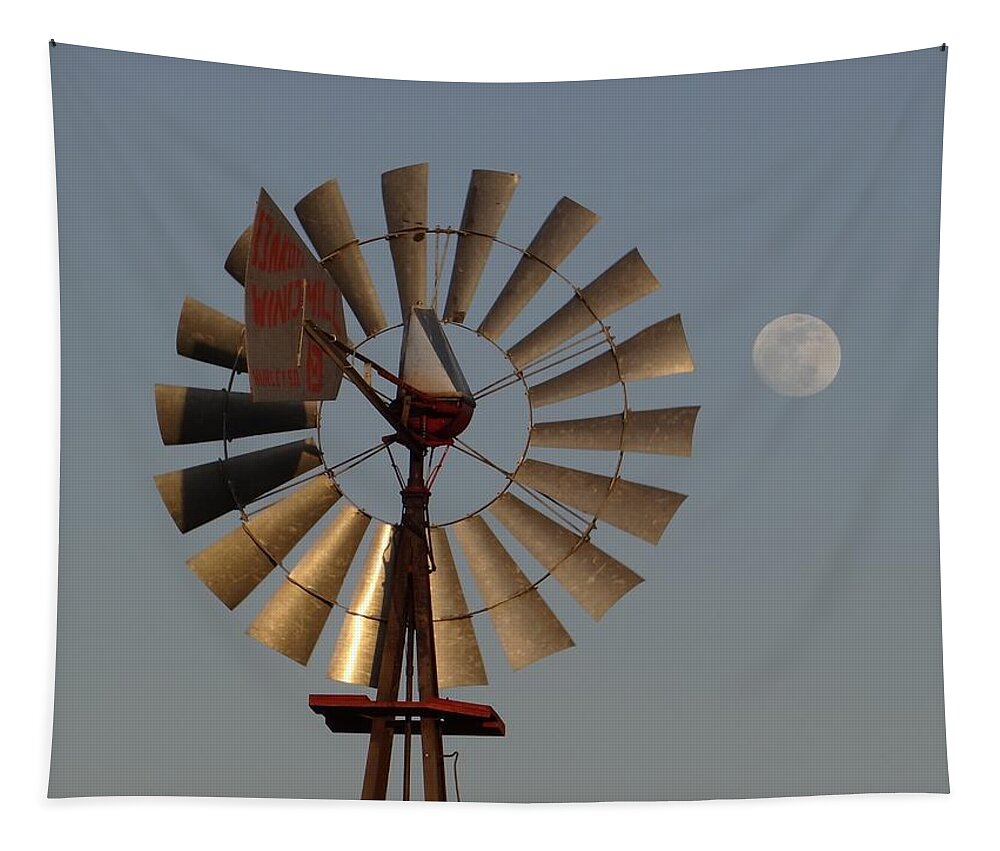 Windmill Tapestry featuring the photograph Dakota Windmill And Moon by Keith Stokes