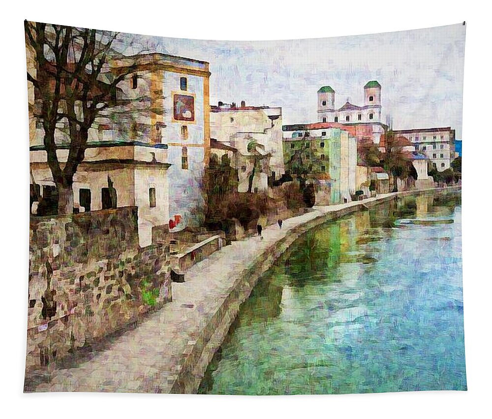 Danube River Tapestry featuring the mixed media Danube River at Passau, Germany by Tatiana Travelways