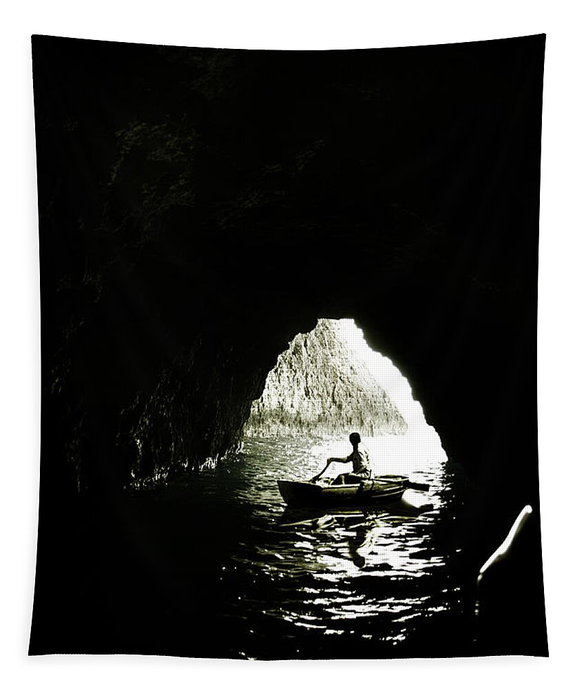 Boat Tapestry featuring the digital art Darkest waters by Cambion Art