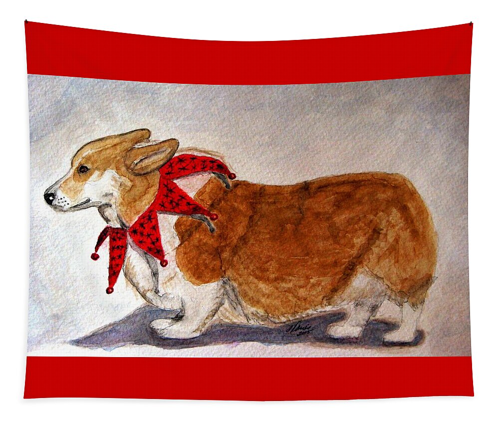 Corgi Tapestry featuring the painting Dashing Through The Snow Surely You Jest by Angela Davies
