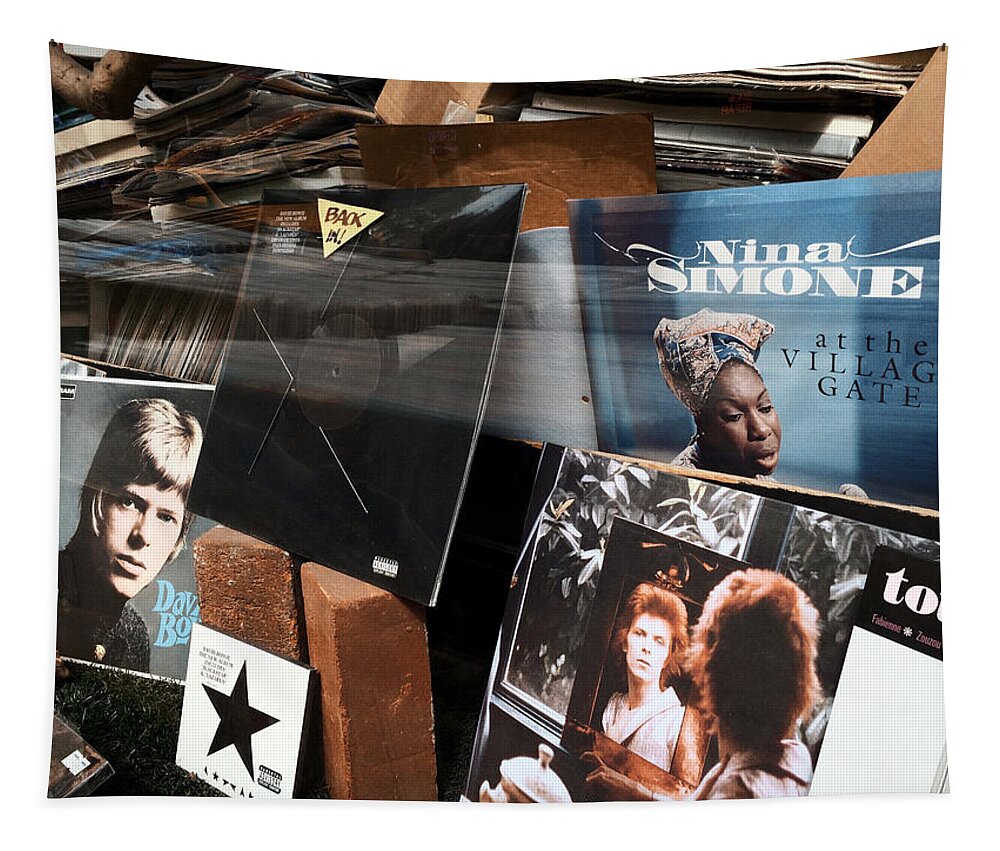 David Bowie Tapestry featuring the photograph David Bowie and Nina Simone - Greenwich Village Record Store by Madeline Ellis